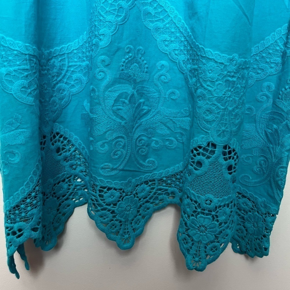 Chico's Turquoise Scalloped Embroidery Lace Cotton Tunic Top Classic Chic NEW - Picture 6 of 14